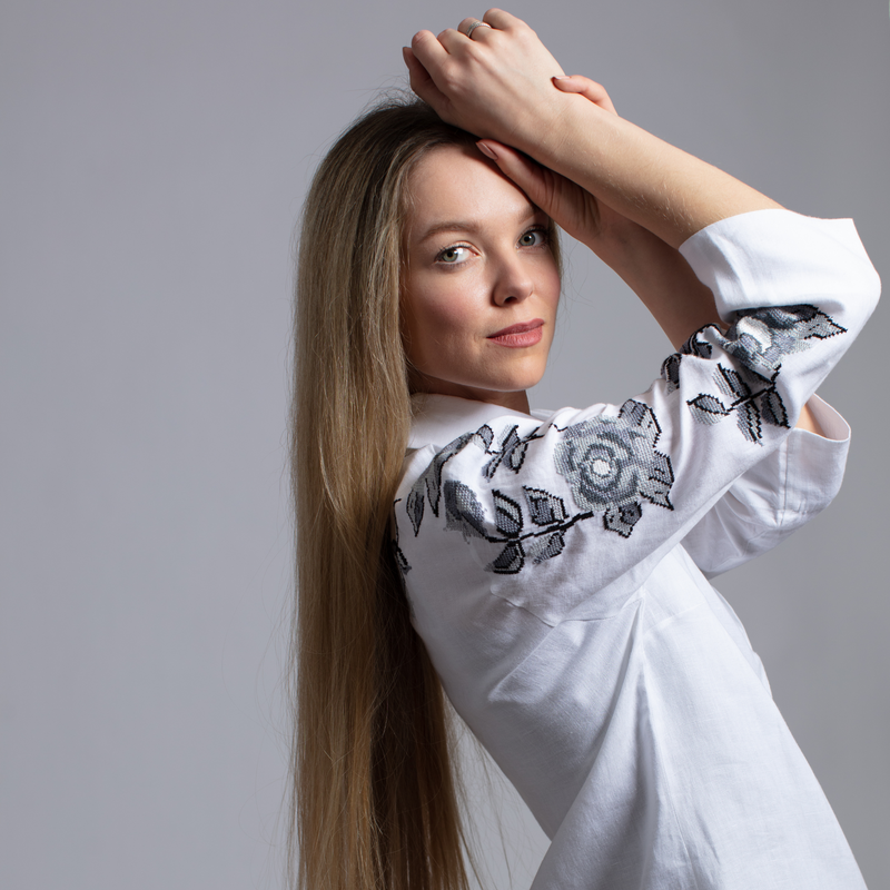 WHITE LINEN SHIRT DRESS STORM GRAY HANA ROSE