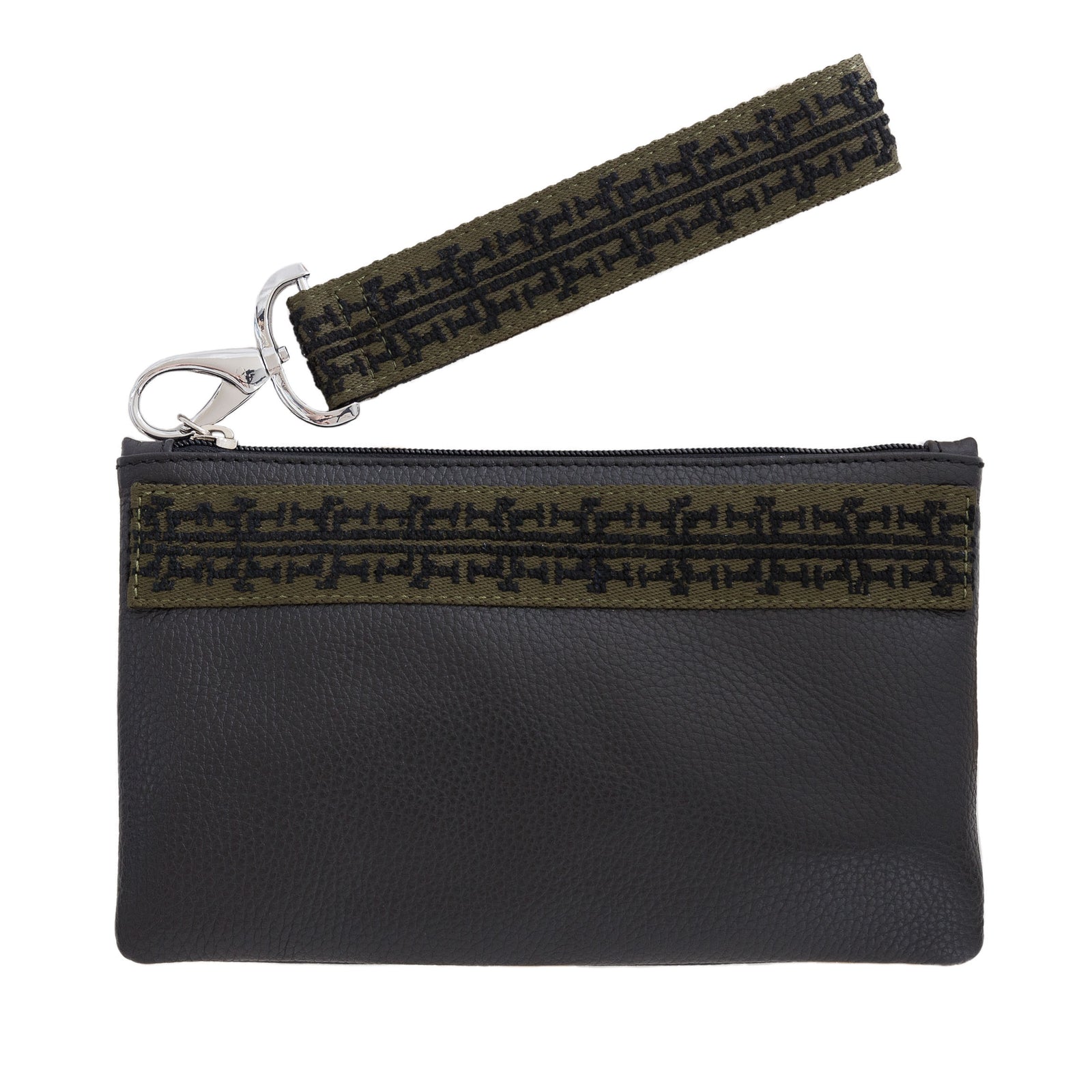GRAIN LEATHER POUCH WITH EMBROIDERED RIBBON