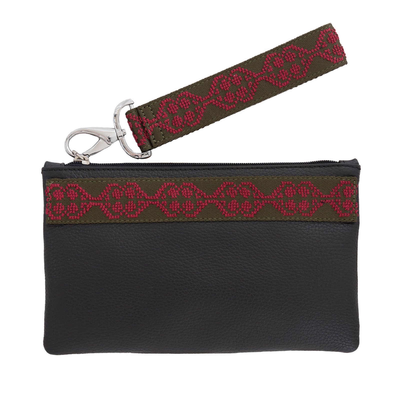 GRAIN LEATHER POUCH WITH EMBROIDERED RIBBON
