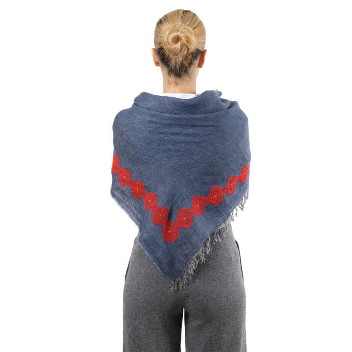 BLUE LINEN SHAWL SQUARE RED POPPY