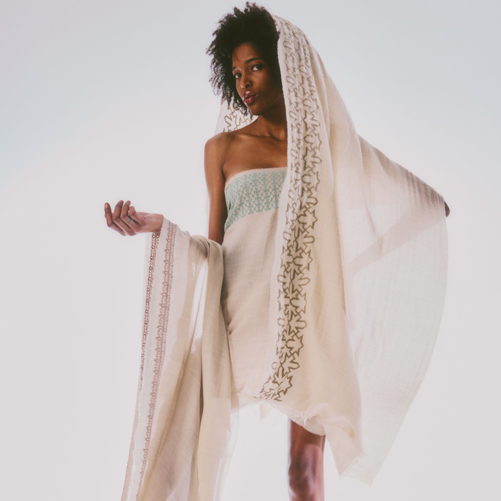 BEIGE CASHMERE & SILK SHAWL KHAKI SULTAN HAN