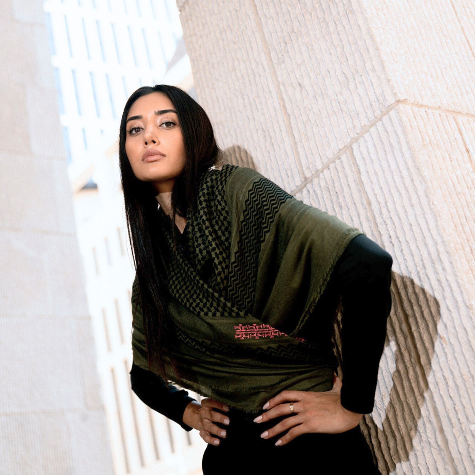 KHAKI MERINO WOOL & SILK SHAWL IBRAHIM KEFFIYEH