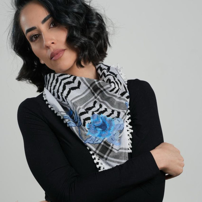 MINI BLACK & WHITE ROSE COTTON KEFFIYEH