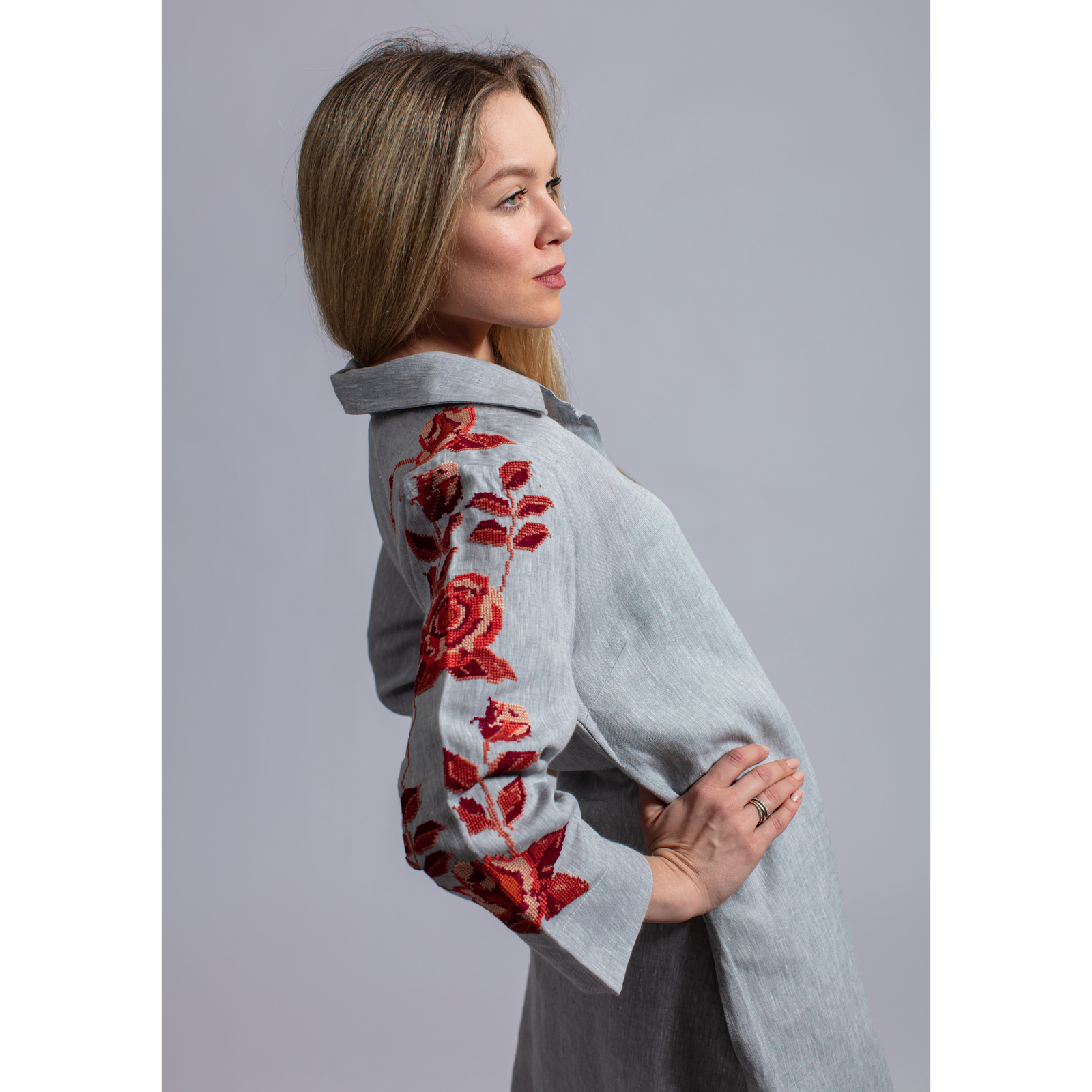 GRAY LINEN SHIRT DRESS BURNT ORANGE HANA ROSE