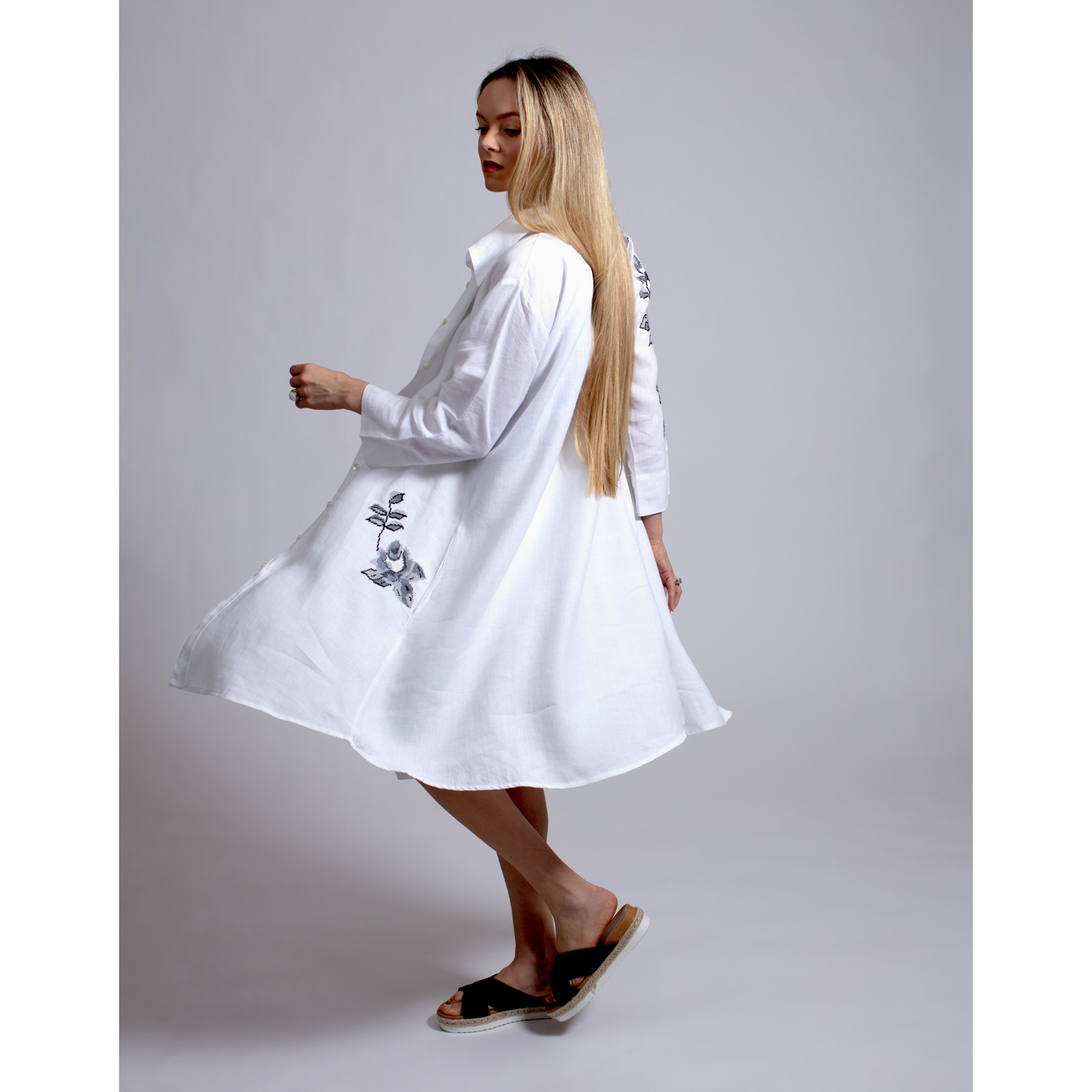 WHITE LINEN SHIRT DRESS STORM GRAY HANA ROSE