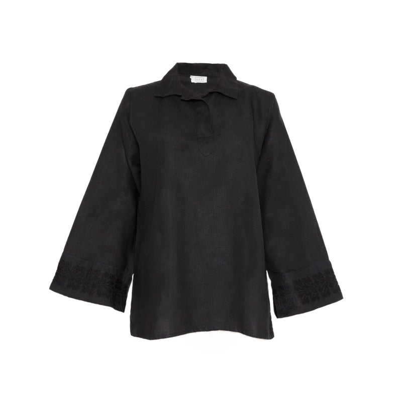 POLO COLLAR | BLACK LINEN A-SHAPE TOP | SINEAD