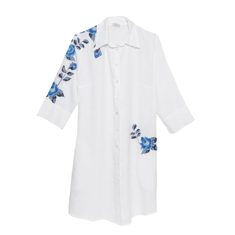 WHITE LINEN SHIRT DRESS SEA BLUE HANA ROSE